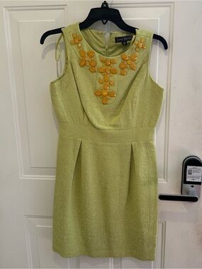 Jessica Howard Lime Green Sleeveless Sheath Dress with Yellow Bead Accents
